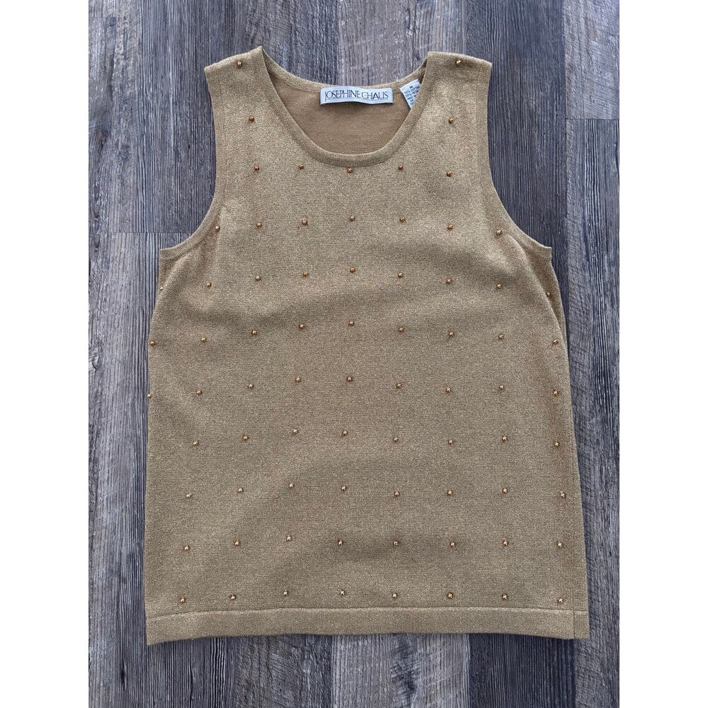 Josephine Chaus Gold Metallic Beaded Knit Tank Top Shell Vintage Womens Medium